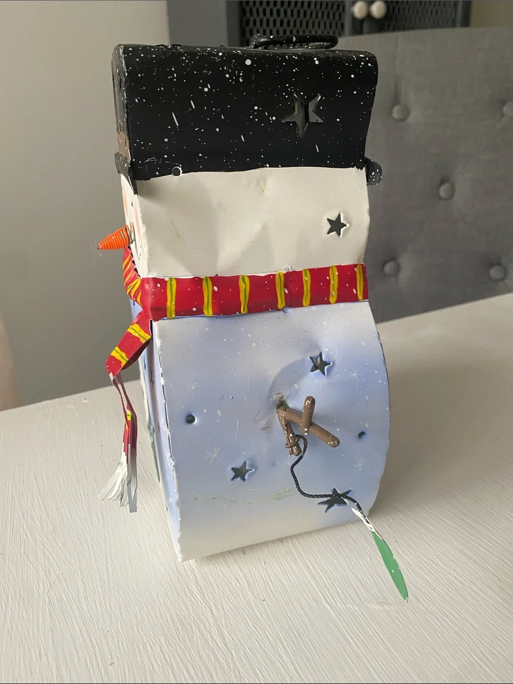 Hand-Painted Metal Snowman Holiday Lantern with Red Scarf Candle Holder